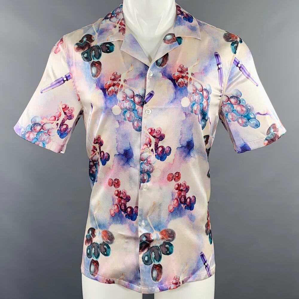 NAHMIAS Size S Grape Swishers Purple Beige Print Silk Blend Short Sleeve Shirt